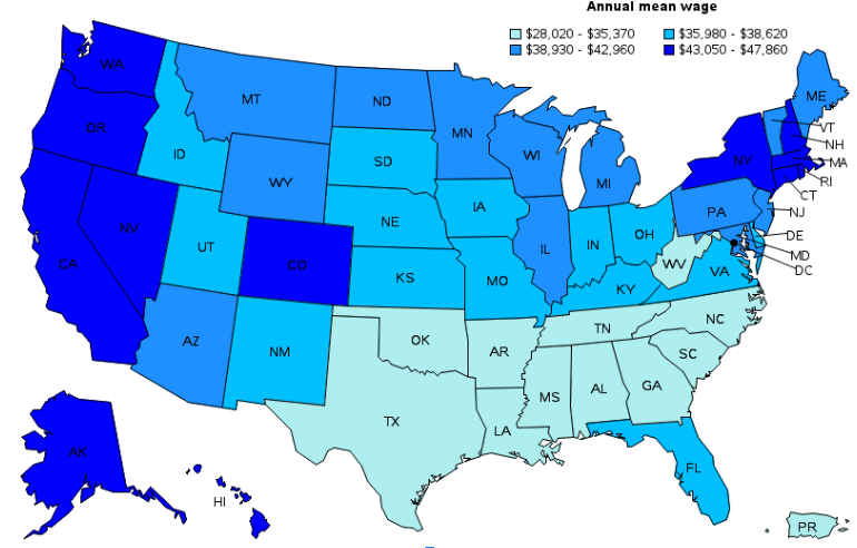 Annual salary of nursing assistants by state in the USA