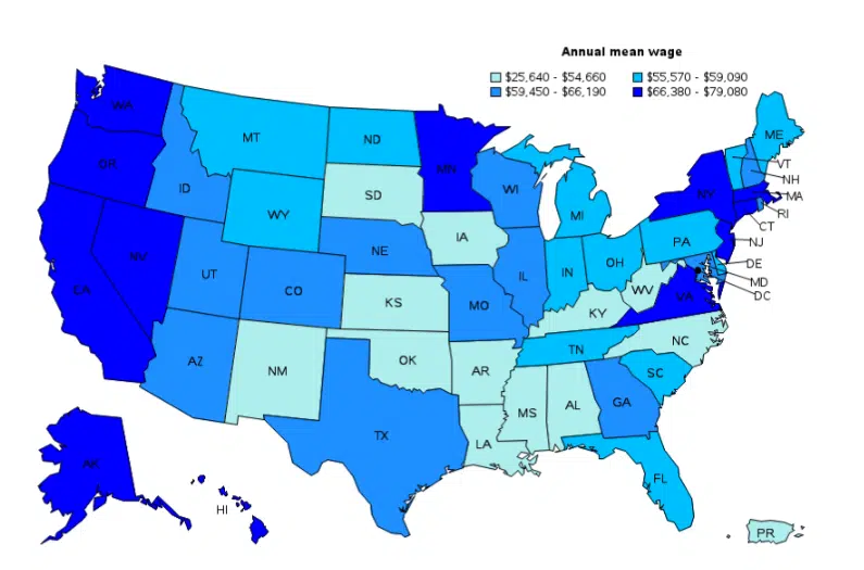 Annual wage of surgical technologists in the USA by state