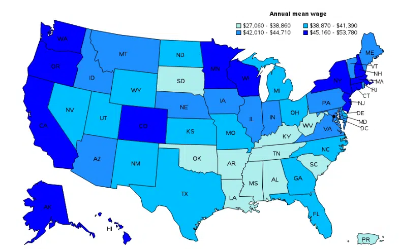 Annual wage of medical assistants by state in the USA