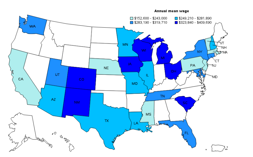 Annual mean salary of neurologists by state in the USA