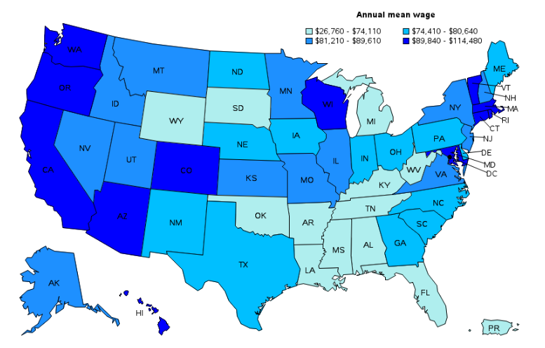Annual wage of diagnostic medical sonographers by state in the USA