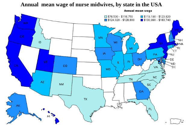 Annual mean wage of nurse midwives, by state in the USA