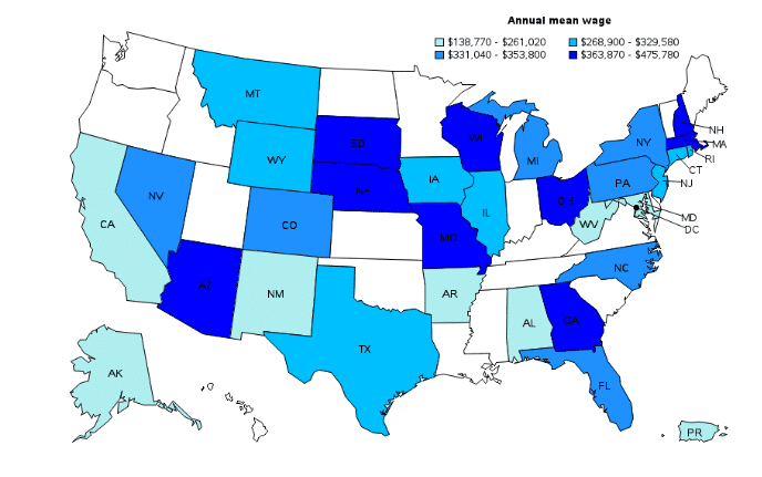 Annual salaries of radiologists by state in the United States, ranging from $138,770 to $475,780, categorized by salary brackets and shown on a state map.