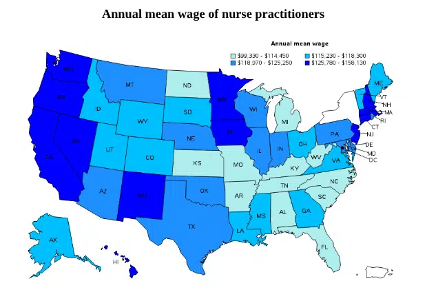 Annual mean wage of nurse practitioners in the United States