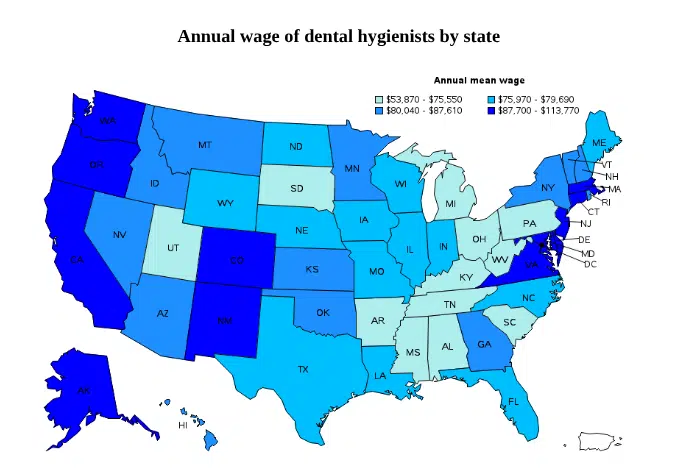 Annual wage of dental hygienists by state