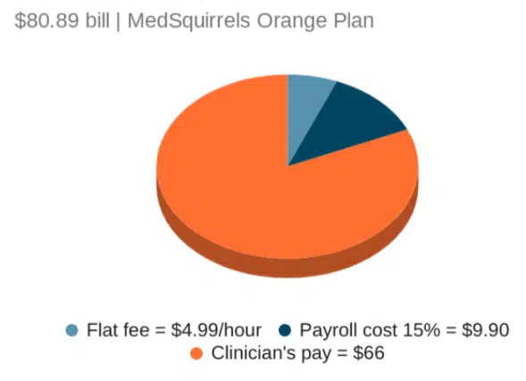 Pie chart showing MedSquirrels Orange Plan cost breakdown with clinician pay, payroll costs, and flat staffing fee