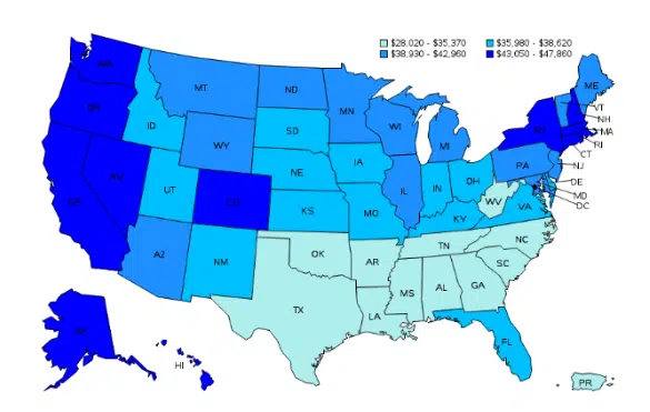 Annual mean wage of certified nursing assistants by U.S. state
