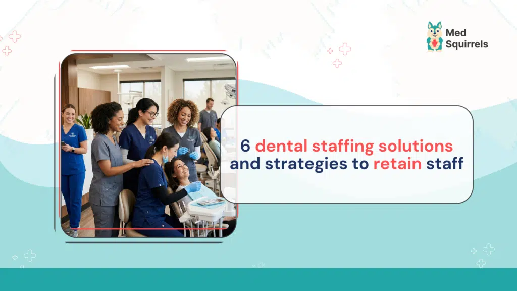 Dental team meeting discussing staffing solutions and employee retention strategies in a modern dental clinic.