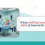 Healthcare administrators discussing staffing challenges in an ambulatory surgery center during a team meeting