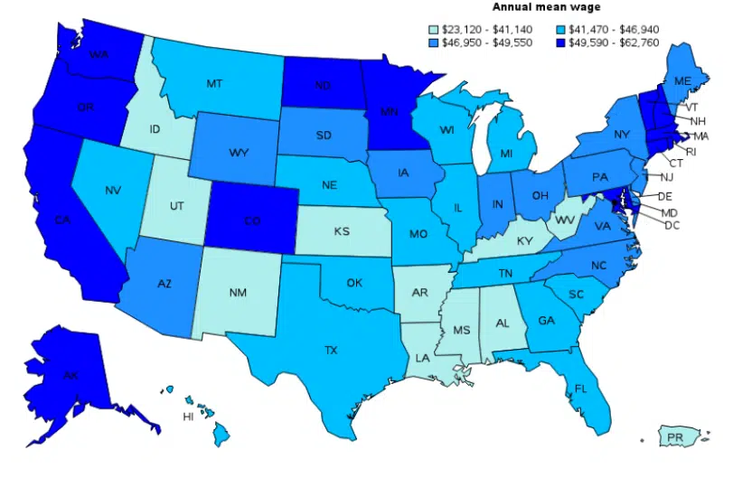 Map showing annual mean wages of dental assistants by state across the United States