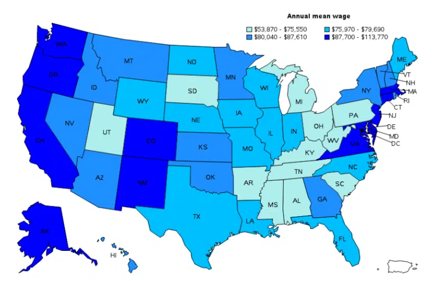 A U.S. map showing annual mean wages by state, color-coded in ranges (appears to represent dental hygienist salaries).