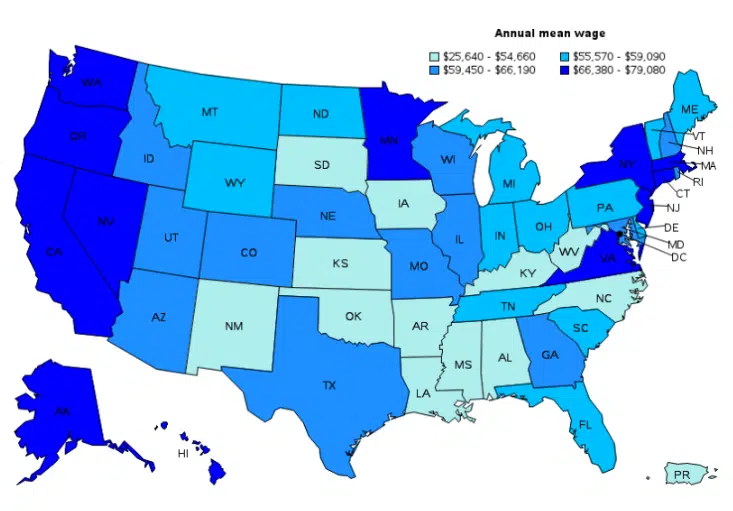 Color-coded U.S. map showing annual mean wages of surgical technologists by state with salary ranges from $25,640 to $79,080