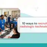 Healthcare recruiter discussing job opportunities with a radiologic technologist in a hospital imaging department