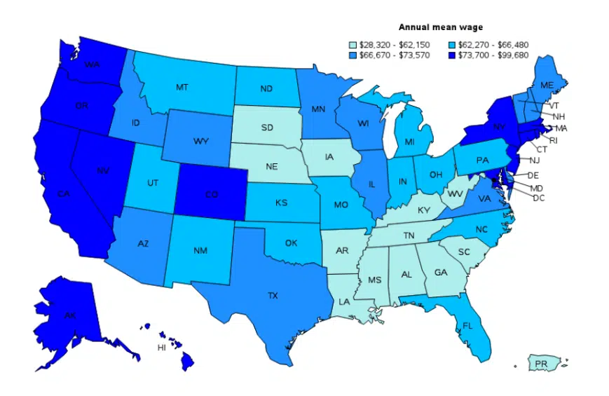 Map of the United States showing annual mean wages of radiologic technologists by state with color-coded salary ranges