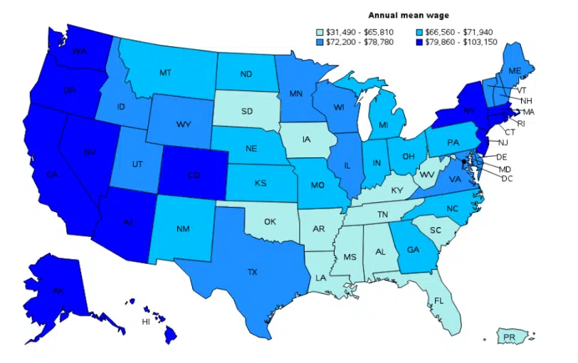 Map of the United States showing annual mean wages of radiology technicians by state with color-coded salary ranges