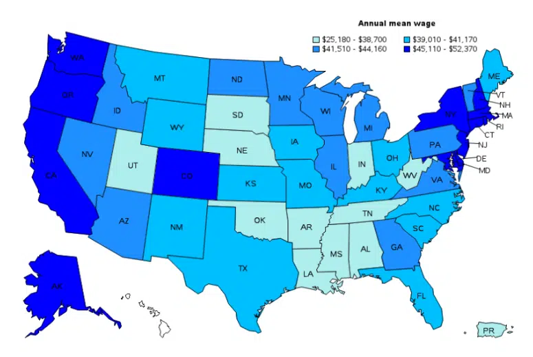 Map of the United States showing average annual phlebotomist salaries by state with color-coded wage ranges