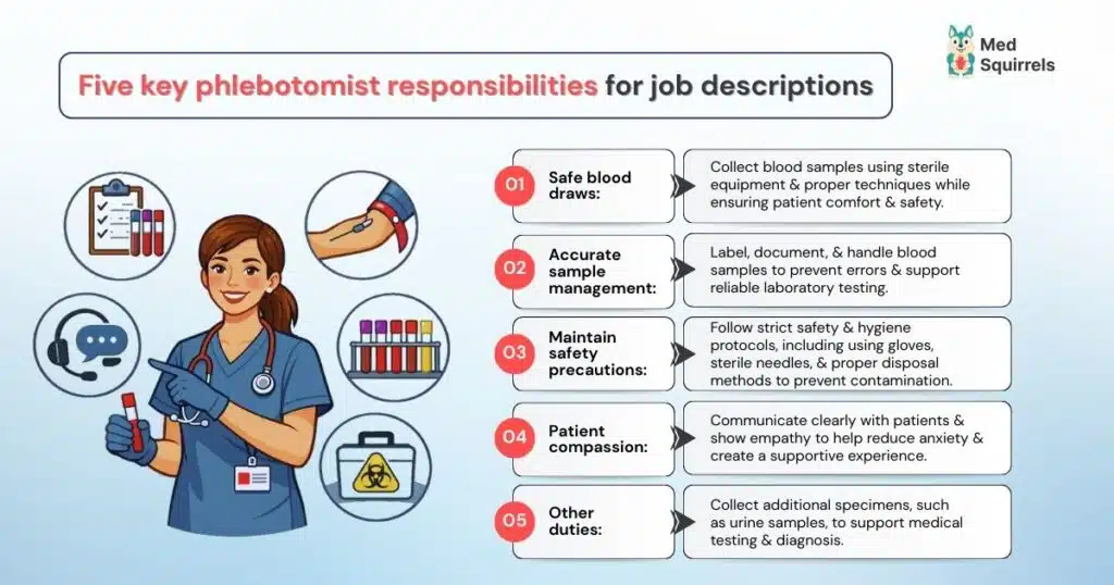 Illustration showing five key phlebotomist responsibilities including blood draws, sample management, safety protocols, patient care, and specimen collection