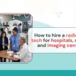 Radiology technician operating medical imaging equipment in a hospital radiology department