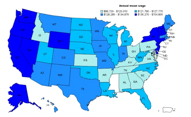 Map of the United States showing annual physician assistant salaries by state