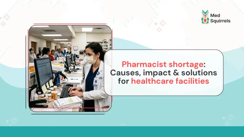 Pharmacist reviewing prescriptions in a busy healthcare facility facing staffing shortages
